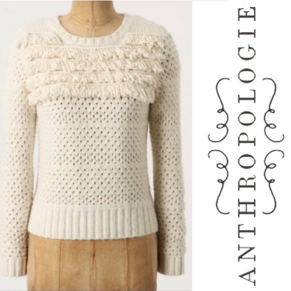 Anthropologie Sweaters - Anthropologie FAR AWAY FROM CLOSE Sweater Alabaster Tassels Womens XL Ivory Knit